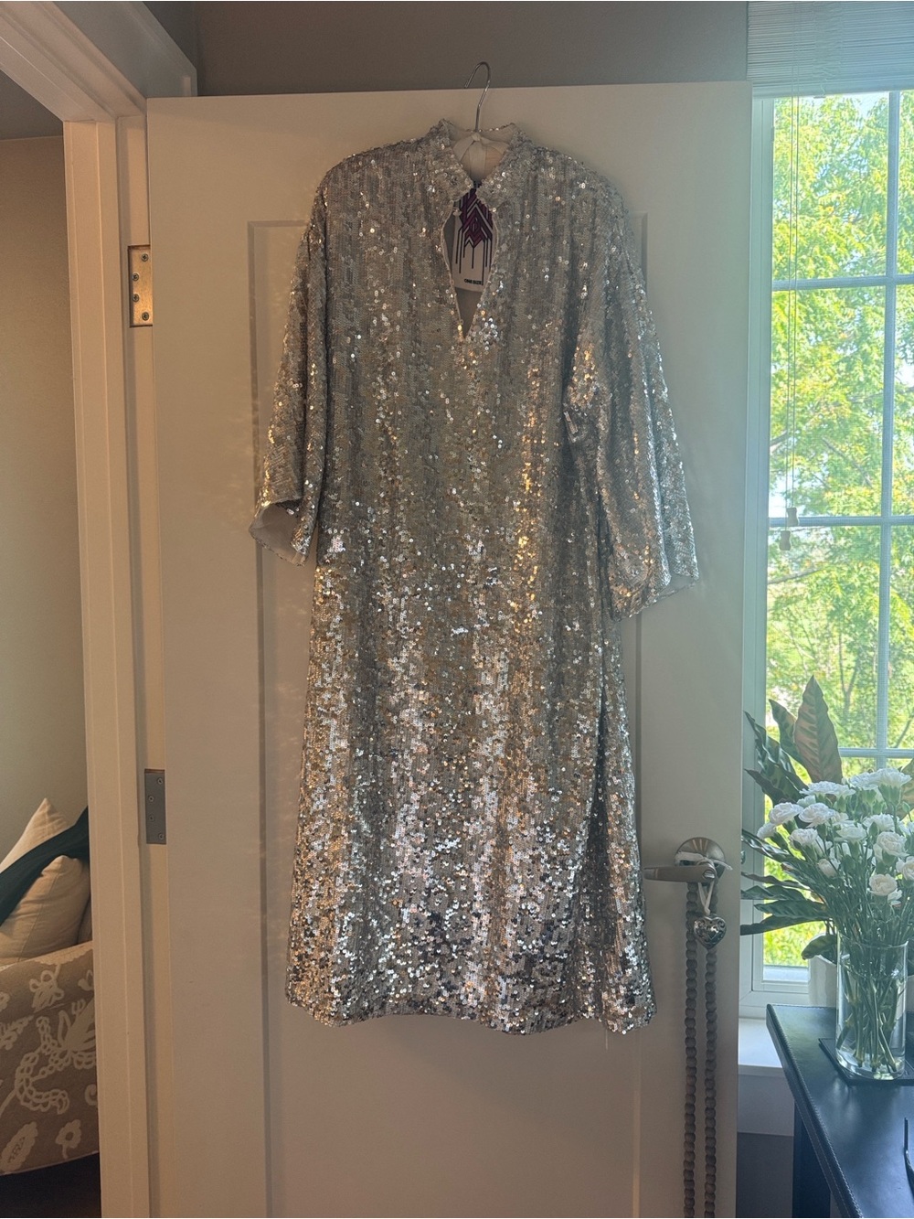 La Vie Style House Silver Sequin Caftan Dress (OS)